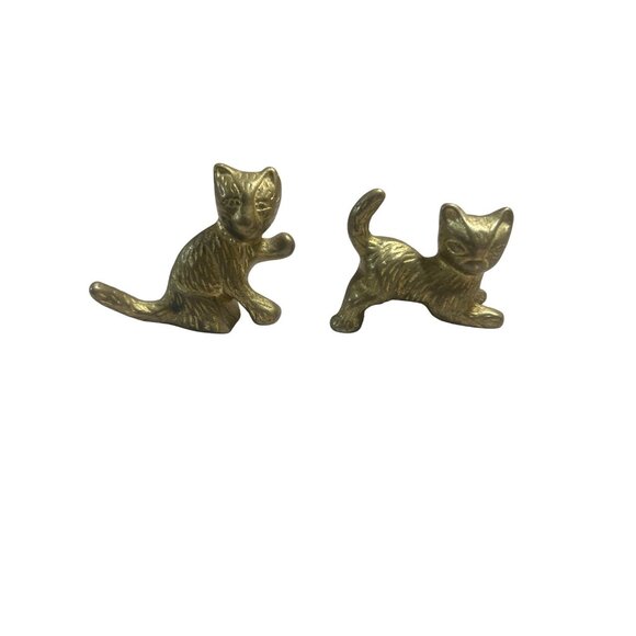 Vintage Solid Brass Cat Figurines Miniature Playful Kitten Pair Home Decor - Picture 1 of 5